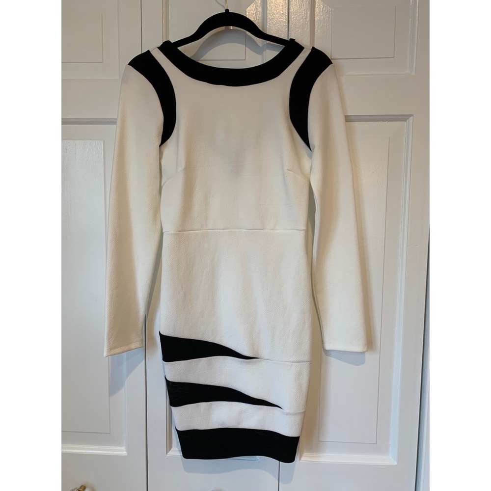 White long sleeve bodycon mini dress,black details